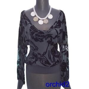Cache Black Velvet Burn Out Drape Neck Top Banded Bottom Sleeve Ends NWT $138